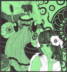 a drawing of two women with flowers in their hair and one woman wearing a green dress