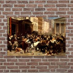 a painting on a brick wall depicting a crowd of people and animals in the street