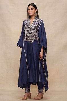 Indigo kaftan with gold and silver linear placed gota embellishments. - Aza Fashions Kaftan Pattern, Kaftan Women, Kaftan For Women, Silk Kaftan, Bat Wings, Aza Fashion, Gold And Silver, Embellishments, Types Of Sleeves