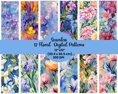 12 floral digital papers with flowers and butterflies in different colors, all on one side