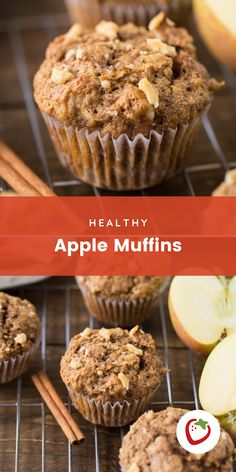 healthy apple muffins on a cooling rack with apples and cinnamon sticks