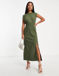 ASOS DESIGN Petite blouson sleeveless midi dress with pocket and split detail in khaki | ASOS Khaki Sleeveless Dress With Pockets, Elegant Sleeveless Midi Dress With Pockets, Olive Sleeveless Midi Dress, Chic Solid Maxi Dress With Pockets, Midi Length Dresses With Side Pockets For Work, Midi Work Dress With Side Pockets, Green Sleeveless Maxi Dress With Pockets, Chic Sleeveless Khaki Midi Dress, Olive Midi Length Dress For Work