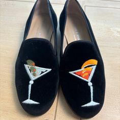 Gorgeous Designer Flats Worn Only A Couple Of Times Luxury Slip-on Tassel Loafers With Round Toe, Stubbs And Wootton, Black Timeless Slip-on Tassel Loafers, Black Suede Slip-on Tassel Loafers, Black Embroidered Slip-on Loafers, Black Leather Footbed Slip-on Tassel Loafers, Designer Flats, Loafer Flats, Flat Shoes Women