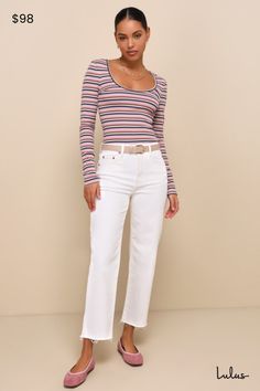 We're loving the weekend vibes we're getting from the DAZE Denim Sundaze Cream Distressed High Rise Dad Jeans! Stretchy woven denim shapes a high-waisted fit and straight pant legs with roughed-up hems. Belt loops, top button, hidden zipper fly, and five-pocket cut. Bonus utility pocket and hammer loop at either side. Logo tag at back. Fit: This garment fits true to size. Length: Ankle length. Size 28 Inseam: 26.50 Front Rise: 11.25 Waist: Fitted - very fitted at natural waist. Hip: Fitted - con White Cropped Relaxed Fit Jeans, Casual White Cropped Jeans, Casual White Jeans For Day Out, Casual Striped Jeans For Fall, Striped Relaxed Fit Jeans For Spring, White Denim Everyday Top, White Denim Tops For Everyday, Everyday White Denim Top, White Jeans For Fall Day Out