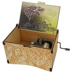 a wooden box with an image of a dragon on it