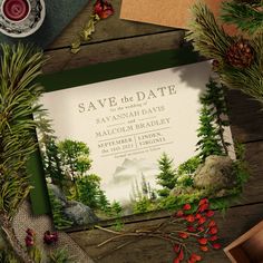 save the date card with pine trees and evergreens on it, surrounded by other items