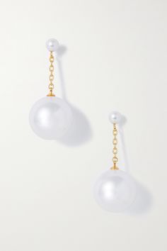 A woman can never have too many pearls, and Anissa Kermiche's 'Atta' earrings are a beautiful addition to your collection. They're crafted from gold-plated metal and have two glowing spheres attached to a swishy chain. Anissa Kermiche, Fashion Jewelry Earrings, Fashion Watches, Ear Piercings, Jewellery And Watches, Freshwater Pearls, Luxury Design, Porter, A Woman