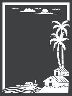 a black and white drawing of a boat on the water with a palm tree in the background