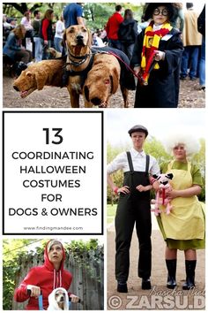 halloween costumes for dogs and owners with text that reads 13 coordinating halloween costumes for dogs and owners