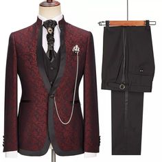 Timothy Burgundy Jacquard One Button Stylish 3-Pieces Wedding Suits With Sepcial Lapel | Allaboutsuit Groom Costume, Suit For Wedding, Wedding Burgundy, Stylish Mens Suits, Burgundy Blazer, Suits Prom, Girls Dress Shop, Man Suit, Ball Gowns Princess