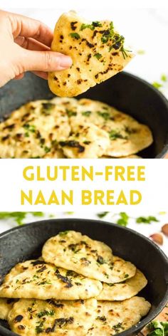 two images showing the process of making gluten - free naan bread with herbs