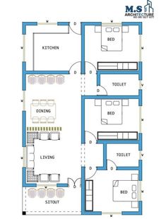 the floor plan for a two story house with blue trimmings and white walls