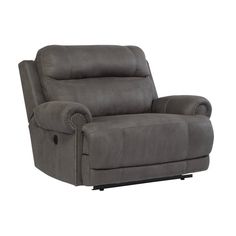 the reclining chair is upholstered in grey fabric and has buttons on the armrest