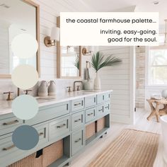 a bathroom with blue cabinets and white walls