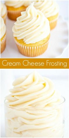 two pictures of cupcakes with cream cheese frosting on top and below the image