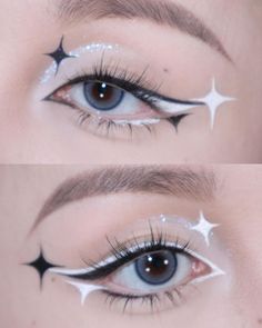 Black And White Makeup Ideas, Eye Makeup With White Eyeliner, Black And White Eyeliner Looks, Star Inspired Makeup, Black And White Eyeshadow, Black And White Eyeliner, White Eye Makeup, Competition Makeup, Nye Makeup