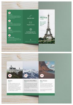 an open tri fold brochure with the eiffel tower in the background