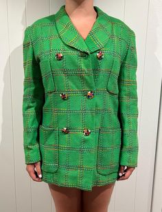 Vintage colorful double-breasted blazer. Plaid with super fun buttons. Perfect for a fall or winter event! Retro Button-up Fall Blazer, Retro Winter Blazer With Button Closure, Retro Winter Blazer With Snap Buttons, Retro Green Blazer For Workwear, Retro Green Blazer For Work, Retro Double-breasted Winter Blazer, Retro Long Sleeve Blazer With Buttons, Winter Retro Double-breasted Blazer, Green Blazer With Buttons For Spring