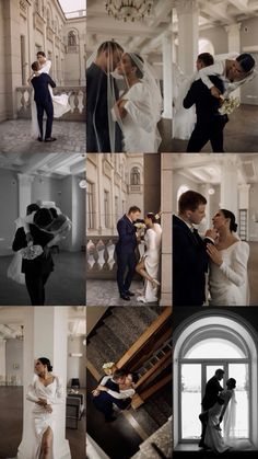 a collage of photos showing the bride and groom in their wedding attire, kissing