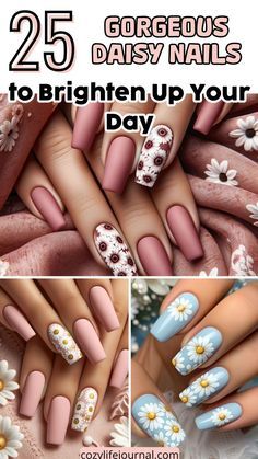 Daisy Nail Art, Floral Nail Designs, Colorful Nail, Blue Acrylic Nails