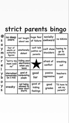 a black and white photo with words on it that say,'strict parents bingo '