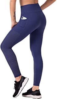 a woman in blue leggings with her back to the camera