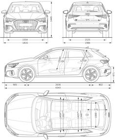 an image of the front and back view of a car with measurements for each side