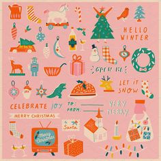 a pink background with various christmas related items