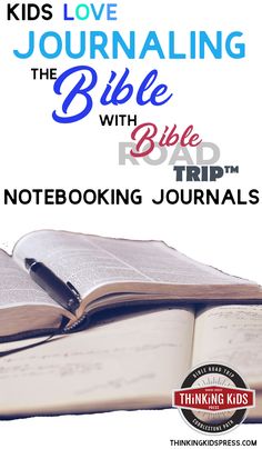 an open book with the words, kids love journaling and bible study notebooks