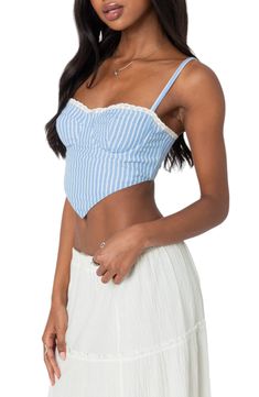 Lean into vintage-inspired style with this crop top boasting structured cups and stretchy smocking on the back for added comfort. Sweetheart neck Adjustable straps 45% cotton, 45% rayon, 10% polyester Machine wash, line dry Imported Trendy Light Blue Crop Top, Light Blue Cotton Crop Top, Light Blue Fitted Cotton Crop Top, Fitted Light Blue Seamless Crop Top, Light Blue Corset Top, Blue Fits, Favorite Daughter, Maternity Shops, Designer Clothes For Men