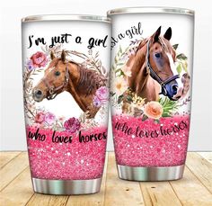 two personalized tumblers with horses on them, one is pink and the other is white