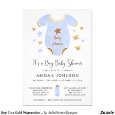 a baby shower is shown with gold stars and blue onesuits on the front