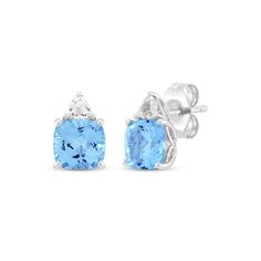 Beautiful color meets classic style in these stud earrings. Sterling silver Each stud features a cushion-cut Swiss blue topaz A trillion-cut white lab-created sapphire shines above Friction backs Classic Blue Topaz Earrings With Diamond Accents, Cushion Cut Gemstone Earrings In Fine Jewelry Style, Cushion Cut Gemstone Earrings Fine Jewelry, Fine Jewelry Cushion Cut Gemstone Earrings, Cushion Cut Gemstone Earrings For Fine Jewelry, Sapphire Stud Earrings, Sapphire Earrings Studs, Sapphire Studs, White Lab