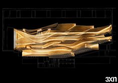 an architectural rendering of a building with wavy lines on the front and sides, in gold