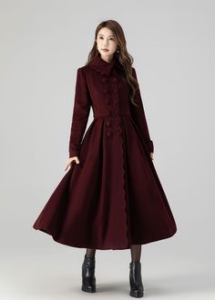 Burgundy Wool Coat, Wool Princess Coat, Midi Wool Coat, Winter Coat Women, Swing Coat, Stylish Wool Coat, Custom Wool Coat, Xiaolizi 4517 - Etsy Winter Wool Dress, Warm Winter Dresses, Academia Aesthetic Outfit, Different Wedding Dresses, Clothing Wardrobe, Winter Coat Dress, Winter Coat Women, Womens Dress Coats, Princess Coat