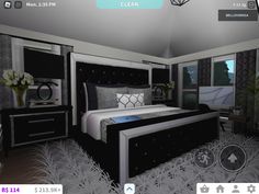 a virtual view of a bedroom with black furniture and white bedding, along with other items