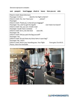 a man and woman standing in front of an airport check - in counter talking to each other