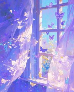 a painting of butterflies flying out of a window with sheer curtains on the outside and inside