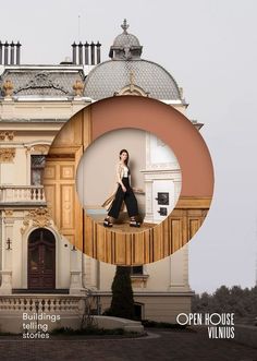 a woman walking in front of a large building