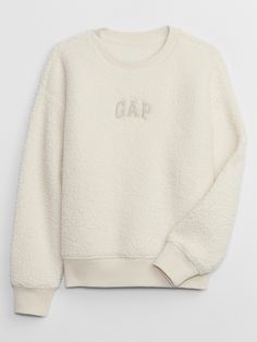 Kids Gap Logo Sherpa Sweatshirt | Gap Factory Cozy Sherpa Sweatshirt With Fleece Lining, Cozy Crew Neck Sweatshirt With Fleece Lining, Casual Sherpa Sweatshirt For Winter, Casual Sherpa Sweatshirt For Fall, Cozy Sherpa Sweatshirt For Fall, Crew Neck Sweatshirt With Fleece Lining For Fall, Fall Crew Neck Sweatshirt With Fleece Lining, Tan Chinos, Navy Uniforms