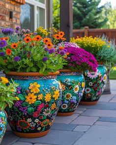 colorful flower pots are lined up on the sidewalk