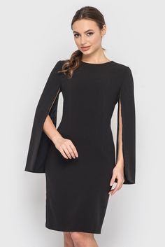 We love this dress! It is simple but still stunning in the details. No matter what occasion you wear this dress, you will receive many compliments. The dress has long sleeves that open from the top of the schest. This creates a cape effect. The hem plays around the knee, depending on body size. The fabric is a soft viscose blend that adapats to your figure and is comfortable to wear in any season. The dress is figure-playing. The dress ANGEL is lined inside the sleeves. You can wash it in your w Long Sleeve Midi Dress With Structured Shoulders For Party, Sleek Long Sleeve Midi Dress For Evening, Sleek Long Sleeve Midi Dress For Dinner, Sleek Long Sleeve Midi Evening Dress, Evening Long Sleeve Midi Dress With Structured Shoulders, Evening Midi Dress With Structured Shoulders And Long Sleeves, Formal Fall Bodycon Long Sleeve Dress, Formal Long Sleeve Bodycon Dress For Fall, Formal Fall Long Sleeve Bodycon Dress