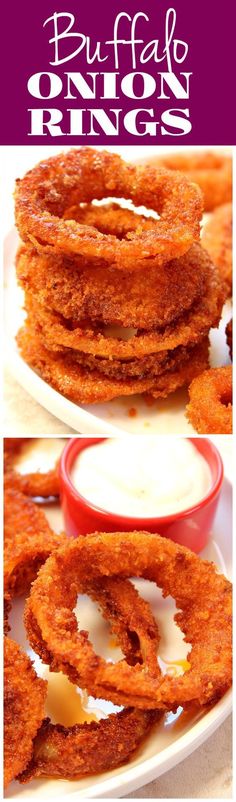 some onion rings on a white plate with ranch dressing in the middle and another photo of them