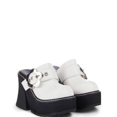 Off White Block Heels, Daisy Shaped Buckles, And A Slip On Fit. Vegan Leather Upper Eva Sole 2" Heel 1.25" Platform White Mules With Contrasting Heel And Closed Toe, White Mules With Contrasting Heel Counter And Closed Toe, White Platform Clogs For Spring, White Spring Platform Clogs, White Closed Toe Mules With Contrasting Heel, White Platform Clogs With Round Toe, White Platform Clogs With Closed Toe, White Closed Toe Platform Clogs, Trendy White Synthetic Clogs