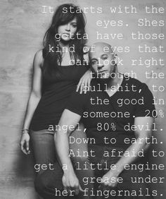 a man and woman sitting next to each other with the caption that reads, it starts with the eyes she gets