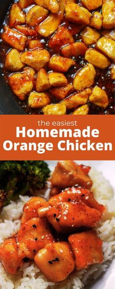 the best homemade orange chicken recipe is on top of rice and broccoli with sauce