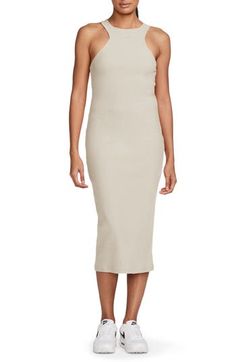 Sporty and supercomfy, this body-skimming midi dress flaunts sculptural cutaway shoulders and ribbed jersey that's soft, stretchy and opaque. 46" length (size Medium) Crewneck Sleeveless, with cutaway shoulders Racerback Unlined 33% rayon, 32% acrylic, 31% cotton, 4% spandex Machine wash, tumble dry Imported Ribbed Knee-length Bodycon Dress For Spring, Spring Knee-length Ribbed Bodycon Dress, Spring Ribbed Knee-length Bodycon Dress, Sleeveless Ribbed Midi Dress For Spring, Spring Sleeveless Ribbed Midi Dress, Spring Longline Bodycon Midi Dress, Casual Solid Ribbed Midi Dress, Spring Beige Ribbed Bodycon Dress, Spring Ribbed Beige Bodycon Dress