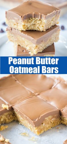 peanut butter oatmeal bars stacked on top of each other with chocolate frosting