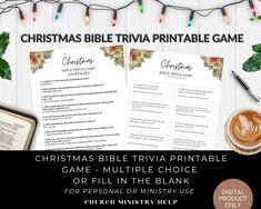 christmas bible trivia printable game with holly wreaths and lights on the table