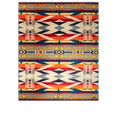 an orange, blue and white rug with geometric designs on it's sides in different colors